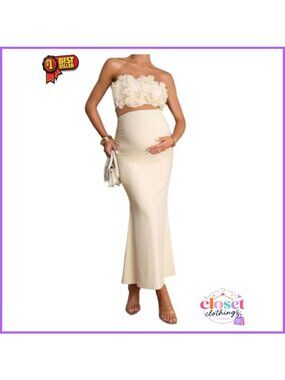 SweatyRocks Maternity 2 Piece Set Off Shoulder Ruffle Bandeau Top Long Fishtail
